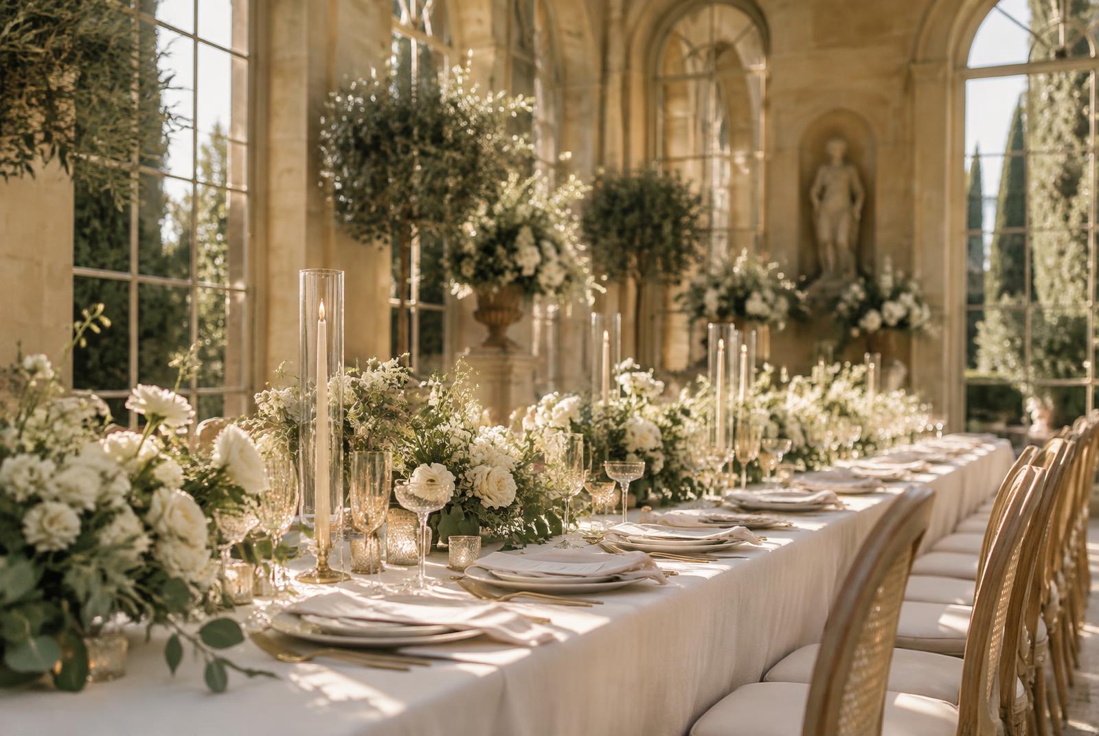 Long candlelit wedding table with white flowers in a sunlit orangery